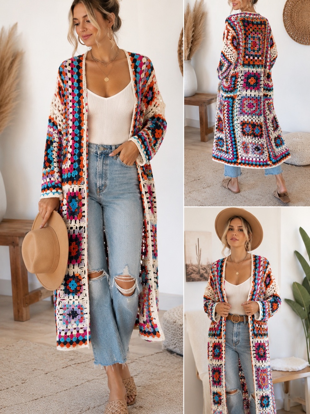 POL Multicolor Crochet Granny-Square Long Cardigan